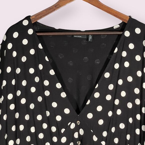 Asos Design Curve Waisted Mini Tea Dress Women Size 24 Black Polka Dot V Neck - Picture 5 of 15